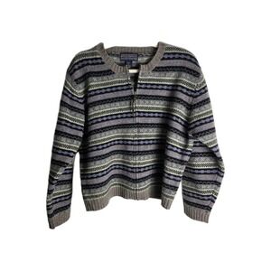 Newton Trading Co 100% Shetland‎ Wood Full Zip Striped Sweater Scotland Size Med